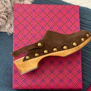 Tory Burch Brown Suede Mules with Gold Accents